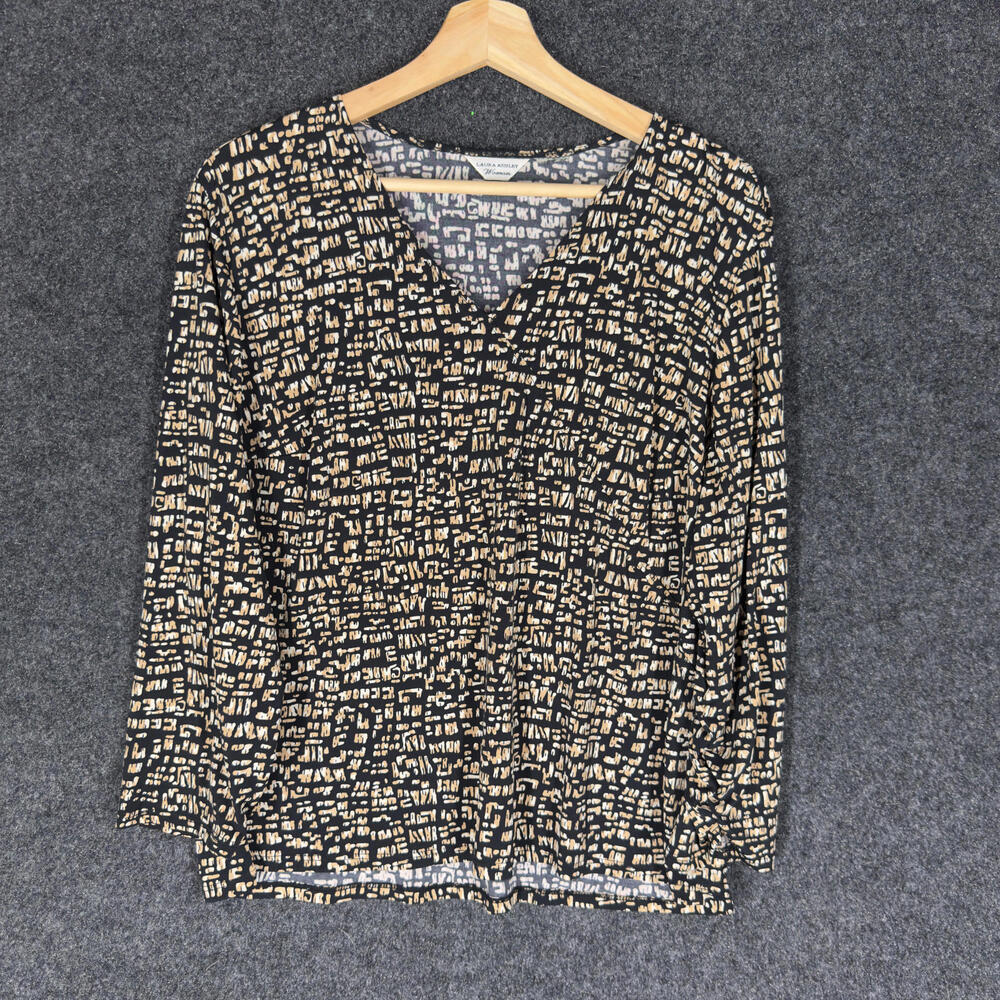 Laura Ashley Blouse Women M Medium Black Geometric V-Neck Long Sleeve Casual
